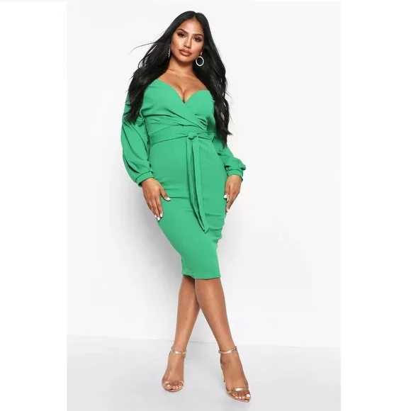BOOHOO KELLY GREEN PLUS OFF THE SHOULDER WRAP DRESS